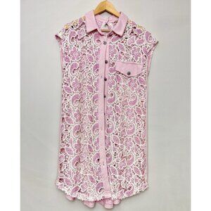 POL Top White Sheer Lace Knit Mixed Media Collared Button Front Size Small Boho